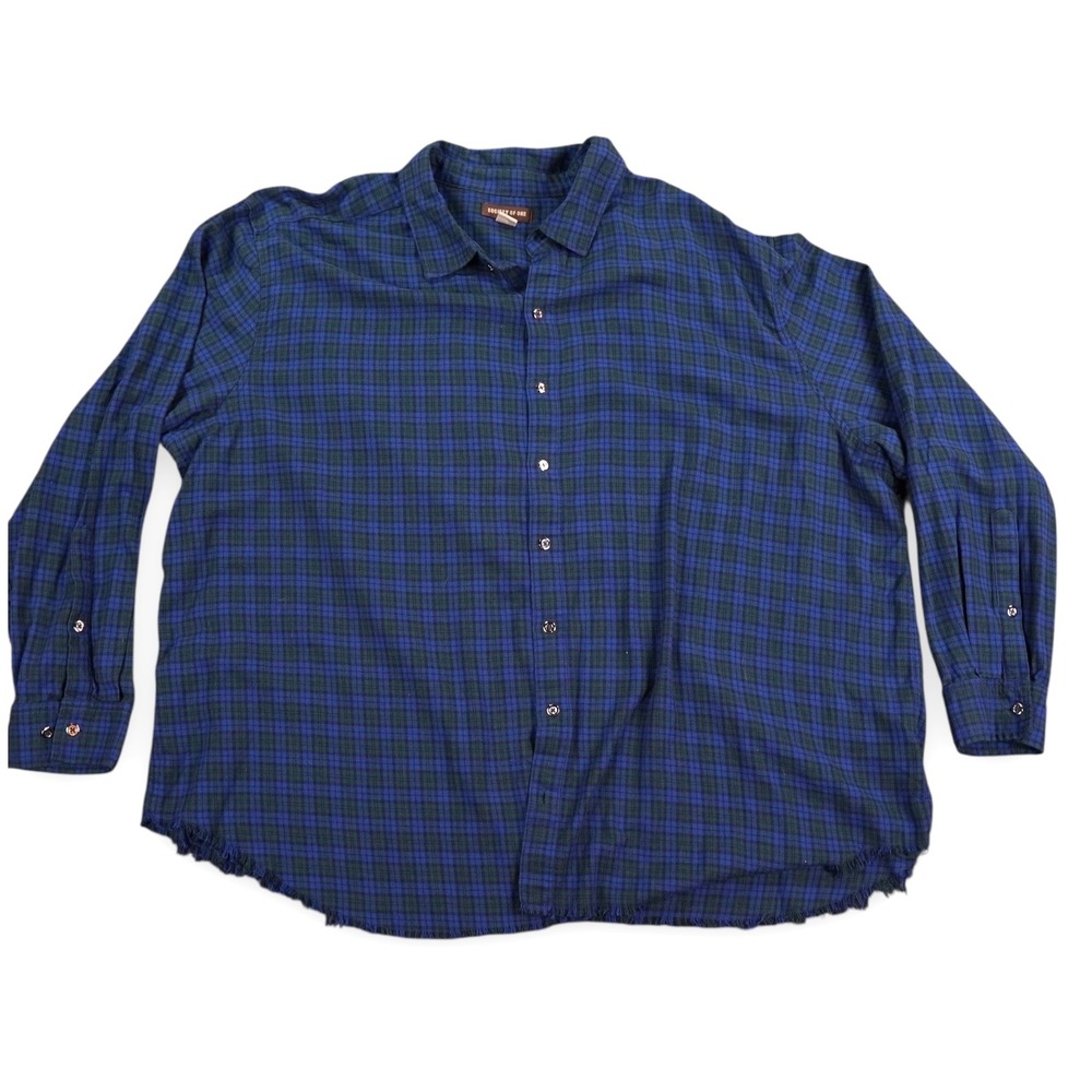 Society of One Shirt Men 3XL Blue Green‎ Black Watch Plaid Distressed Frayed Hem